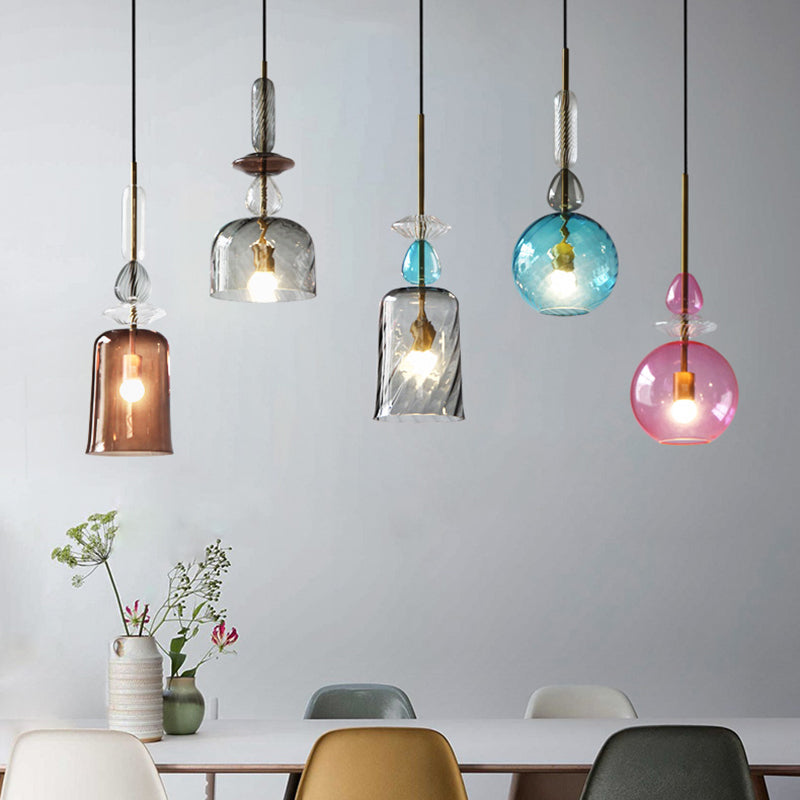 Modernist 1-Light Glass Pendant In Pink/Blue/Amber Globe Cylinder Or Dome Shape