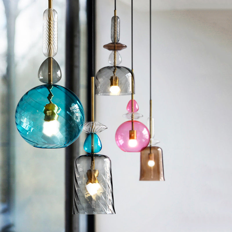 Modernist 1-Light Suspension Pendant with Pink/Blue/Amber Globe/Cylindrical/Dome Design - Smooth/Water Glass Ceiling Light