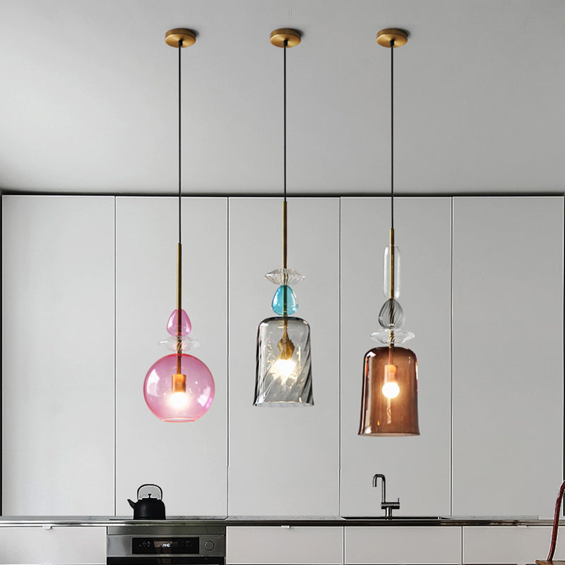 Modernist 1-Light Glass Pendant In Pink/Blue/Amber Globe Cylinder Or Dome Shape