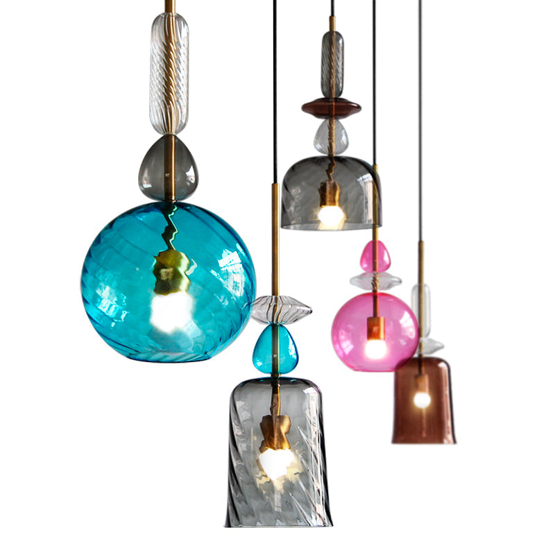 Modernist 1-Light Glass Pendant In Pink/Blue/Amber Globe Cylinder Or Dome Shape