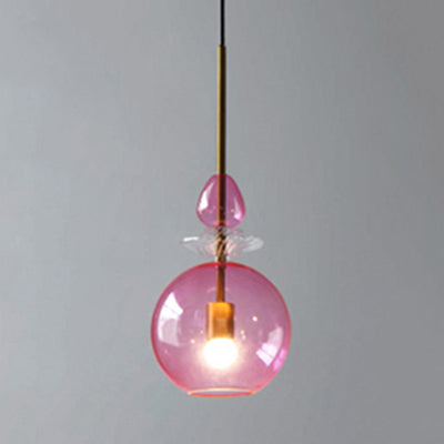 Modernist 1-Light Suspension Pendant with Pink/Blue/Amber Globe/Cylindrical/Dome Design - Smooth/Water Glass Ceiling Light