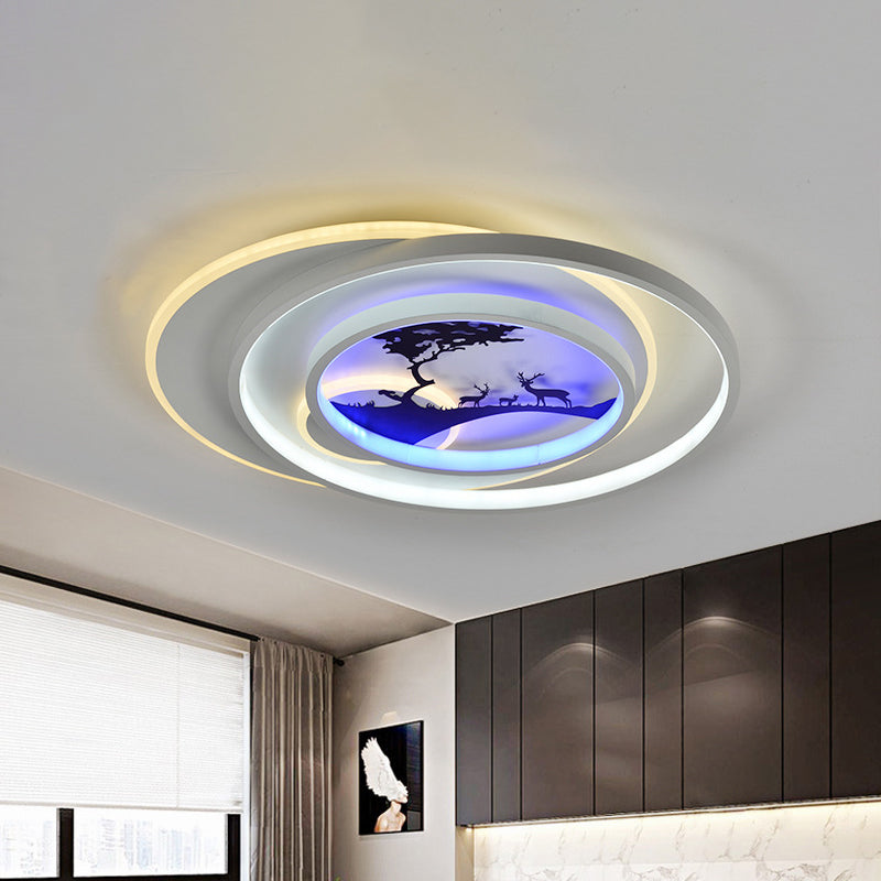 Modern White Flush Light Fixture: LED Acrylic Flushmount Lamp with Elegant Patterns - Flower, Deer, Feather