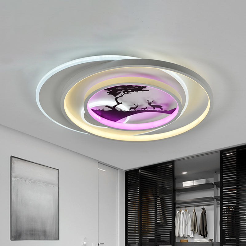 Modern White Flush Light Fixture: LED Acrylic Flushmount Lamp with Elegant Patterns - Flower, Deer, Feather