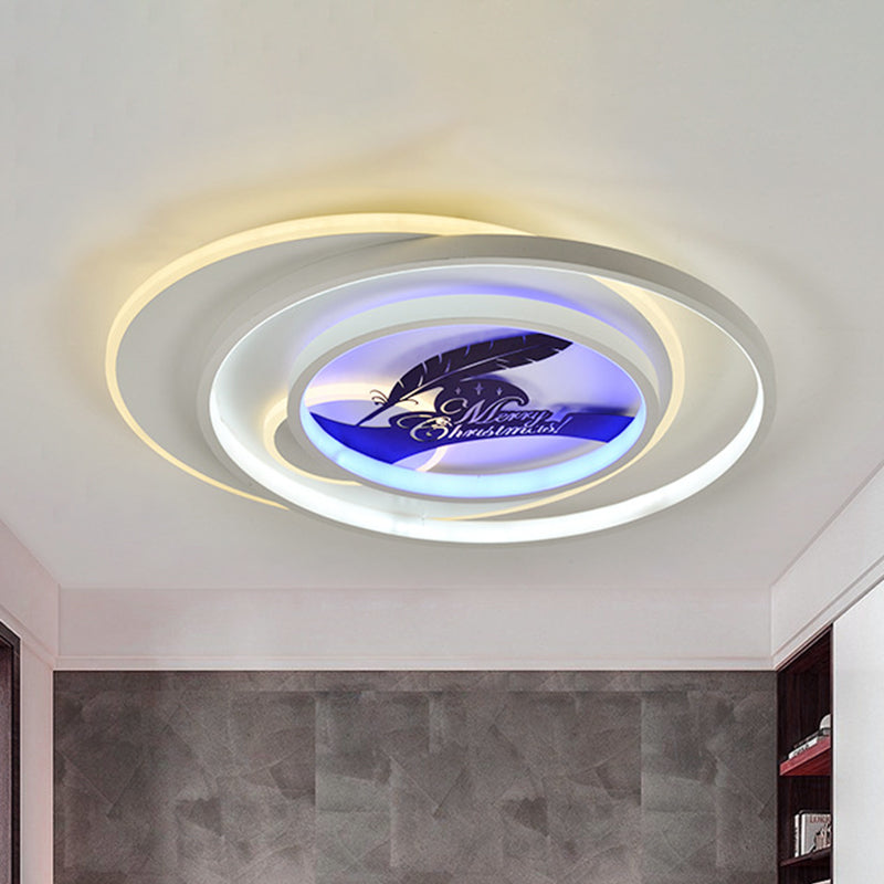 Modern White Flush Light Fixture: LED Acrylic Flushmount Lamp with Elegant Patterns - Flower, Deer, Feather