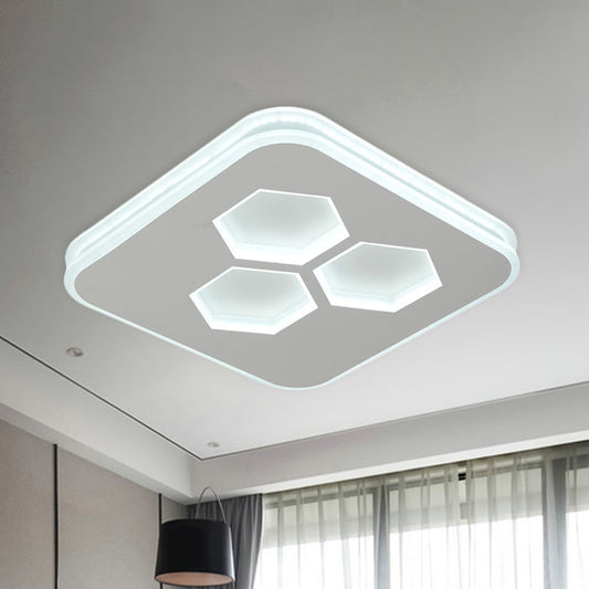 Modern Square LED White Flush Mount Ceiling Light with Acrylic Cover and Hexagon Design