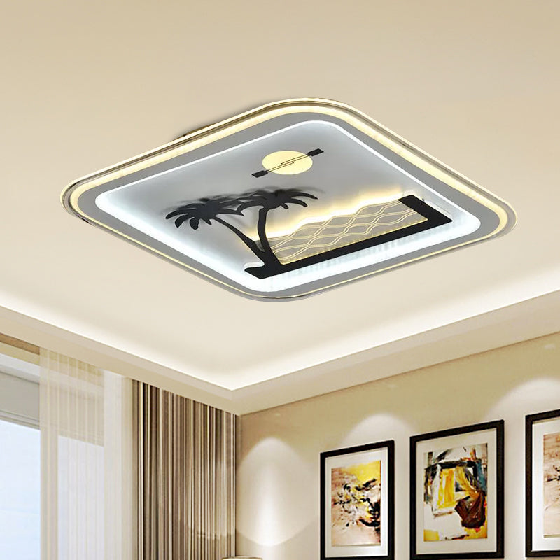 Modern Square Flushmount LED Lamp with Tree Pattern in White - Bedroom Fixture