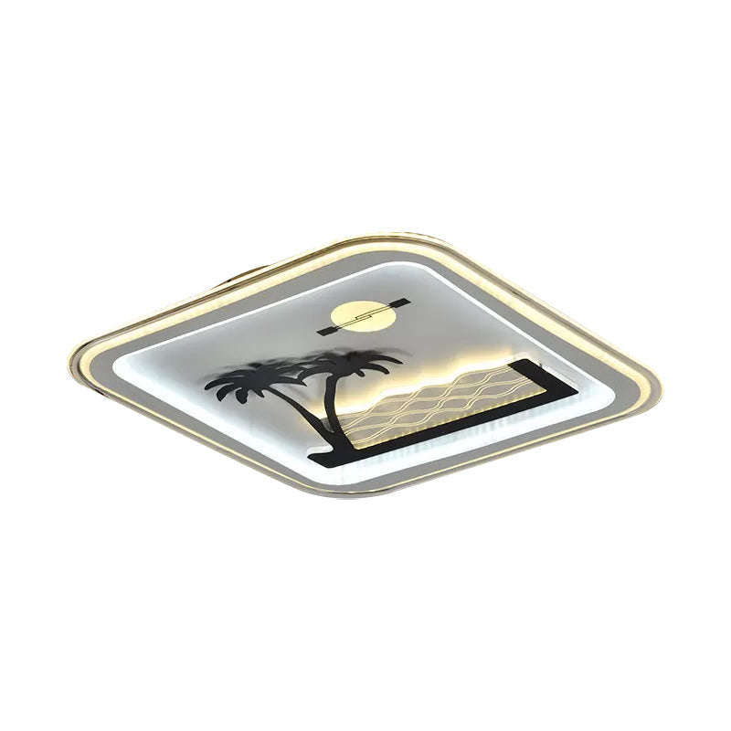 Modern Square Flushmount LED Lamp with Tree Pattern in White - Bedroom Fixture