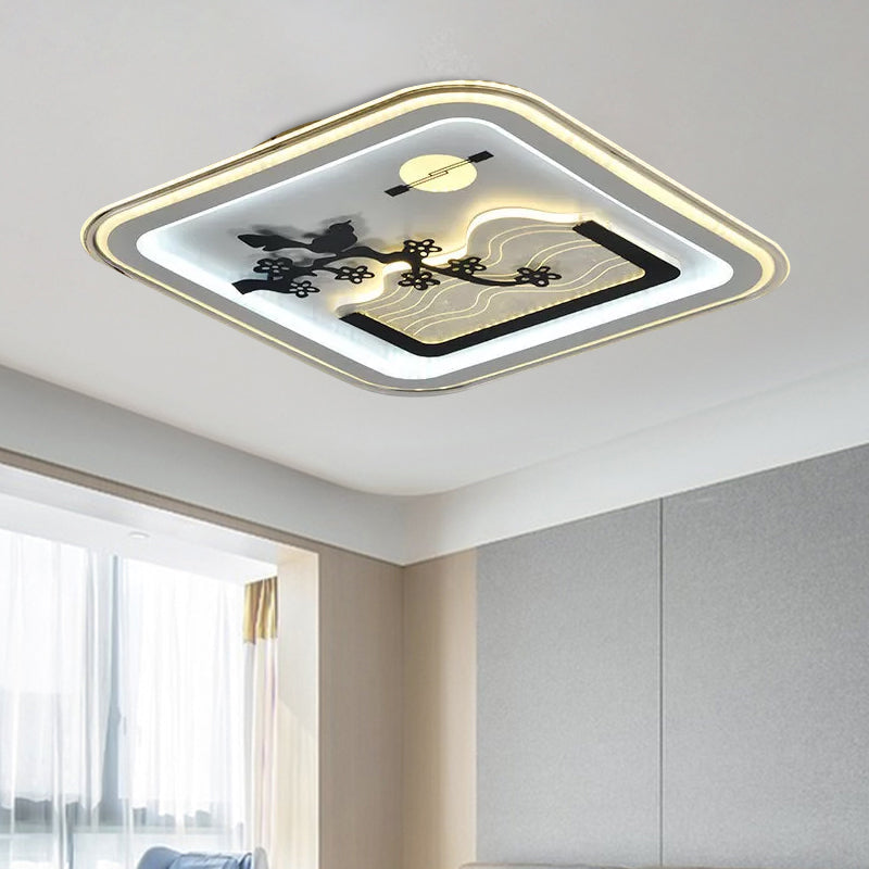 Modern Square Flushmount LED Lamp with Tree Pattern in White - Bedroom Fixture