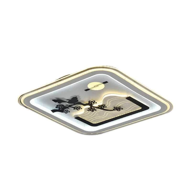 Modern Square Flushmount Led Lamp With Tree Pattern In White - Bedroom Fixture