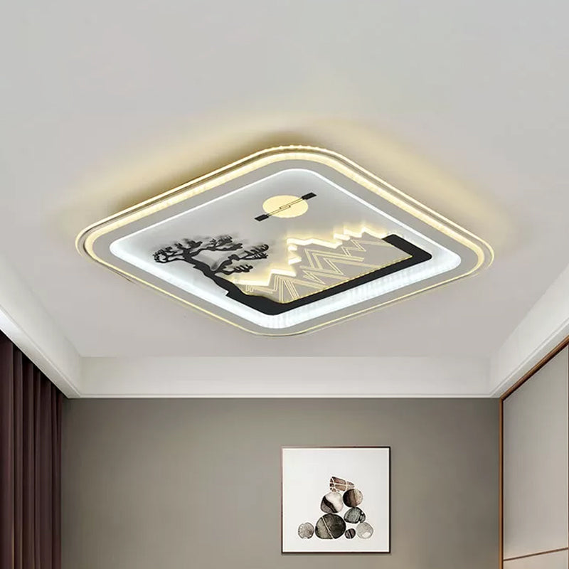 Modern Square Flushmount LED Lamp with Tree Pattern in White - Bedroom Fixture