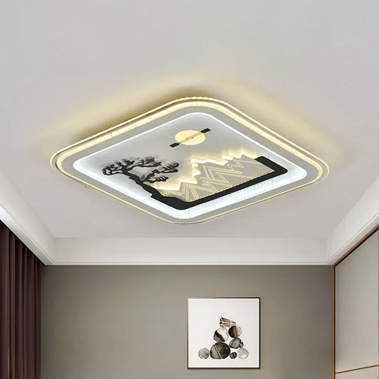 Modern Square Flushmount LED Lamp with Tree Pattern in White - Bedroom Fixture