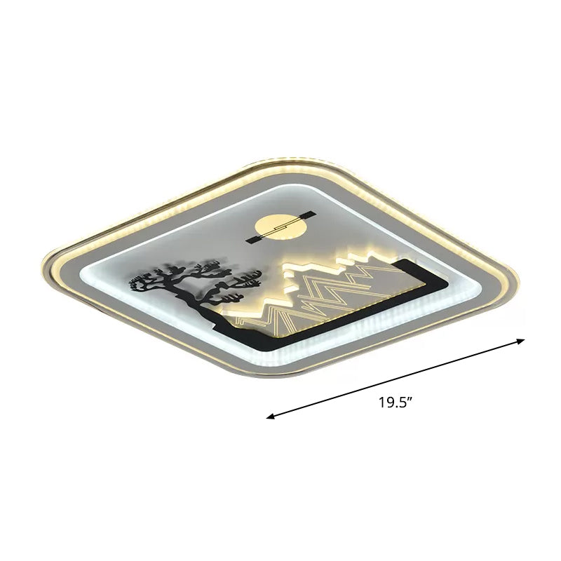 Modern Square Flushmount LED Lamp with Tree Pattern in White - Bedroom Fixture