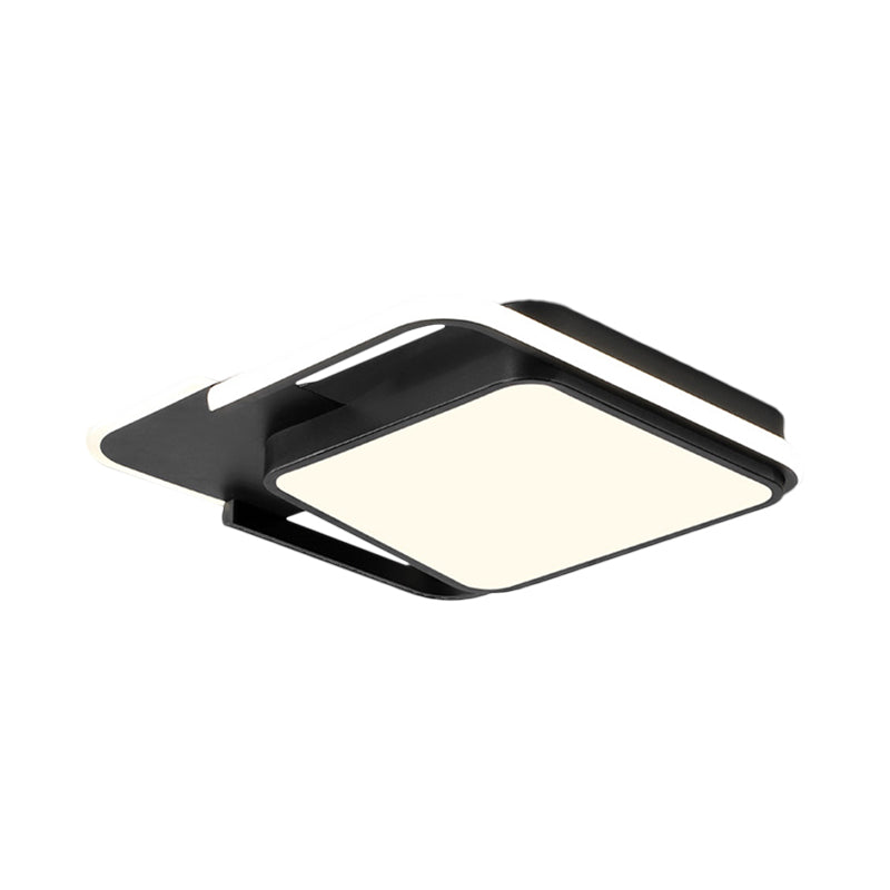 Minimal LED Flushmount Lamp - White/Black Square, Metallic Finish, 16.5"/20.5" Wide, Warm Light