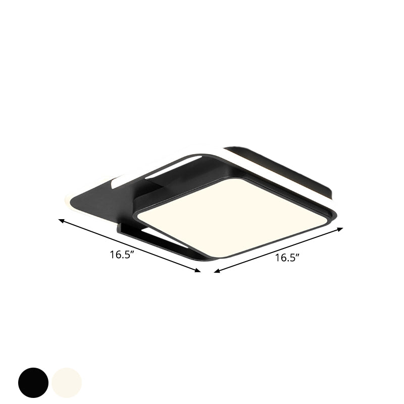 Minimal LED Flushmount Lamp - White/Black Square, Metallic Finish, 16.5"/20.5" Wide, Warm Light