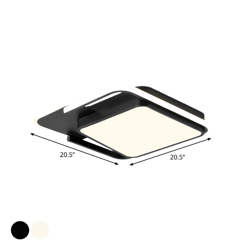 Minimal LED Flushmount Lamp - White/Black Square, Metallic Finish, 16.5"/20.5" Wide, Warm Light