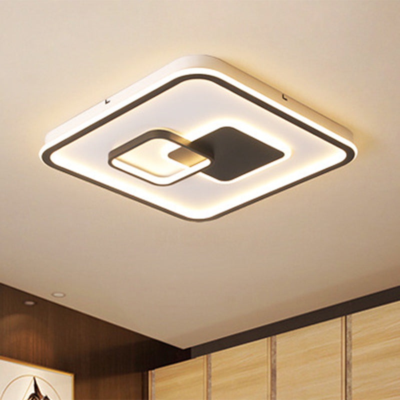 LED Bedroom Ceiling Mounted Fixture - Modern Black Flush Light with Square Acrylic Shade - White/Warm Light - 16"/19.5" W