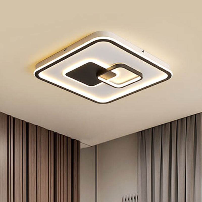LED Bedroom Ceiling Mounted Fixture - Modern Black Flush Light with Square Acrylic Shade - White/Warm Light - 16"/19.5" W
