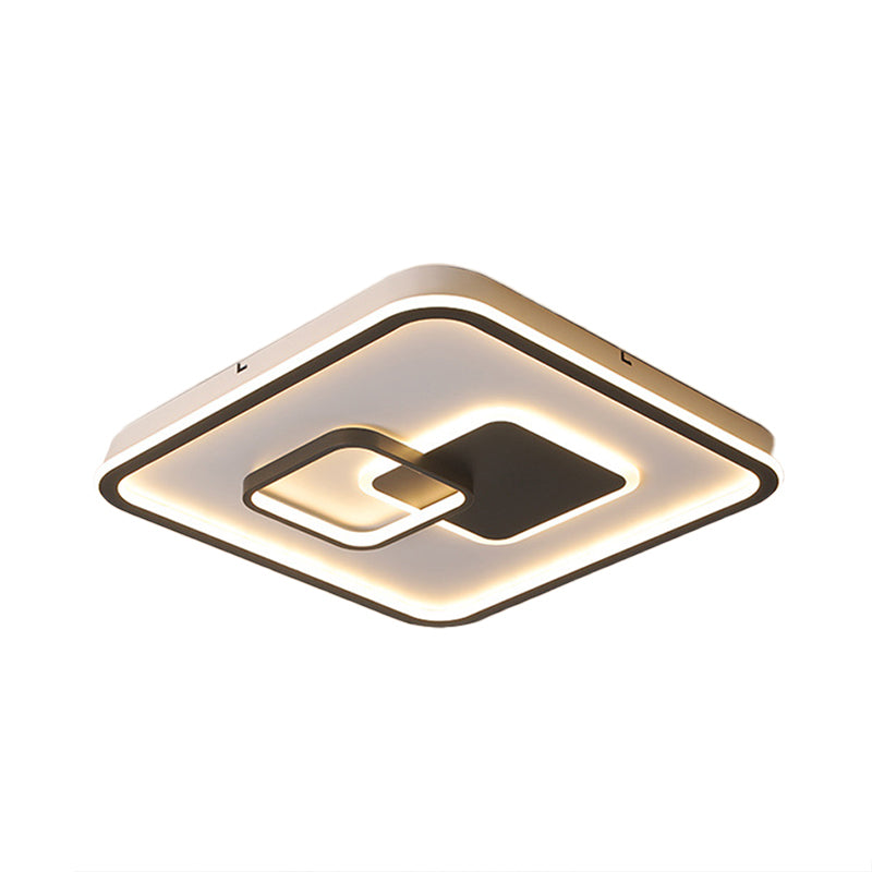 LED Bedroom Ceiling Mounted Fixture - Modern Black Flush Light with Square Acrylic Shade - White/Warm Light - 16"/19.5" W