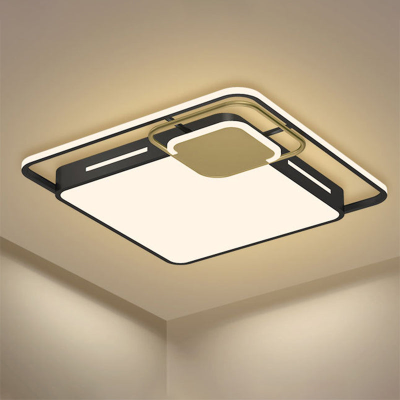 Square Flush LED Ceiling Light Fixture in Modern Black-Gold, White/Warm Light - Elegant & Metallic Design for Bedroom