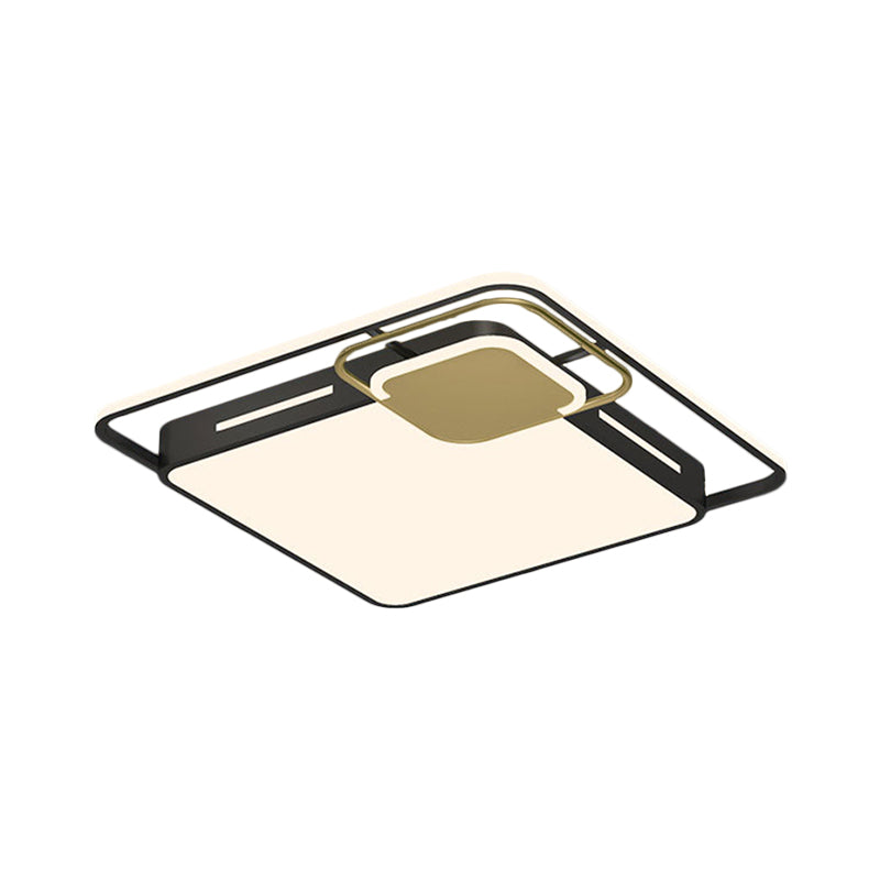 Square Flush LED Ceiling Light Fixture in Modern Black-Gold, White/Warm Light - Elegant & Metallic Design for Bedroom