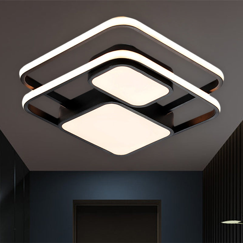 Contemporary Metallic Squared Flush Mount Lamp - White/Black LED Flush Light, 16.5"/20.5" Width, White/Warm Light
