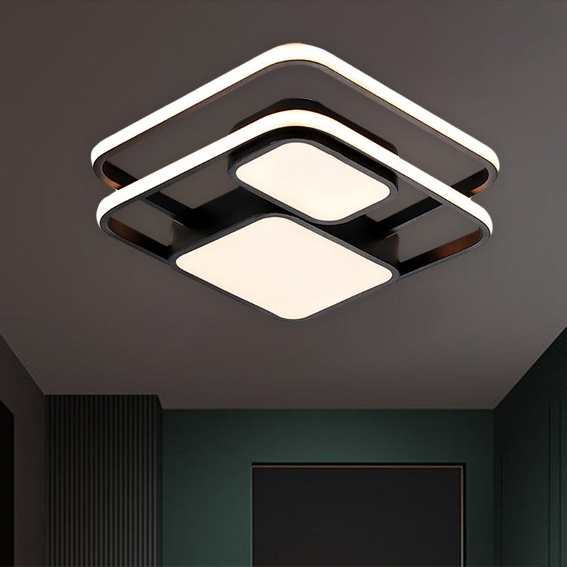 Contemporary Metallic Squared Flush Mount Lamp - White/Black LED Flush Light, 16.5"/20.5" Width, White/Warm Light