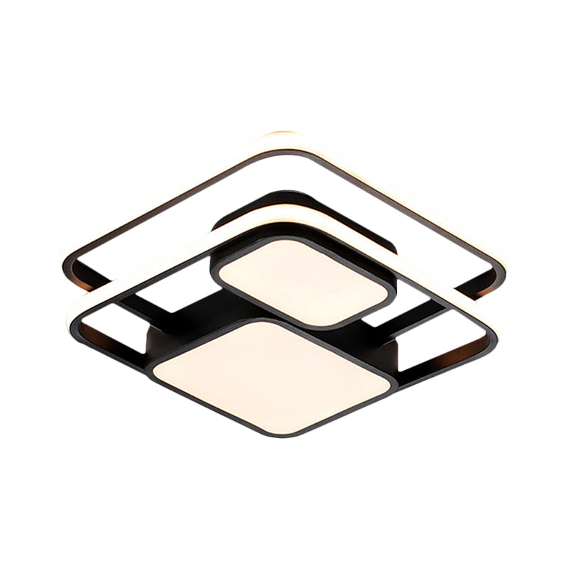 Contemporary Metallic Squared Flush Mount Lamp - White/Black LED Flush Light, 16.5"/20.5" Width, White/Warm Light