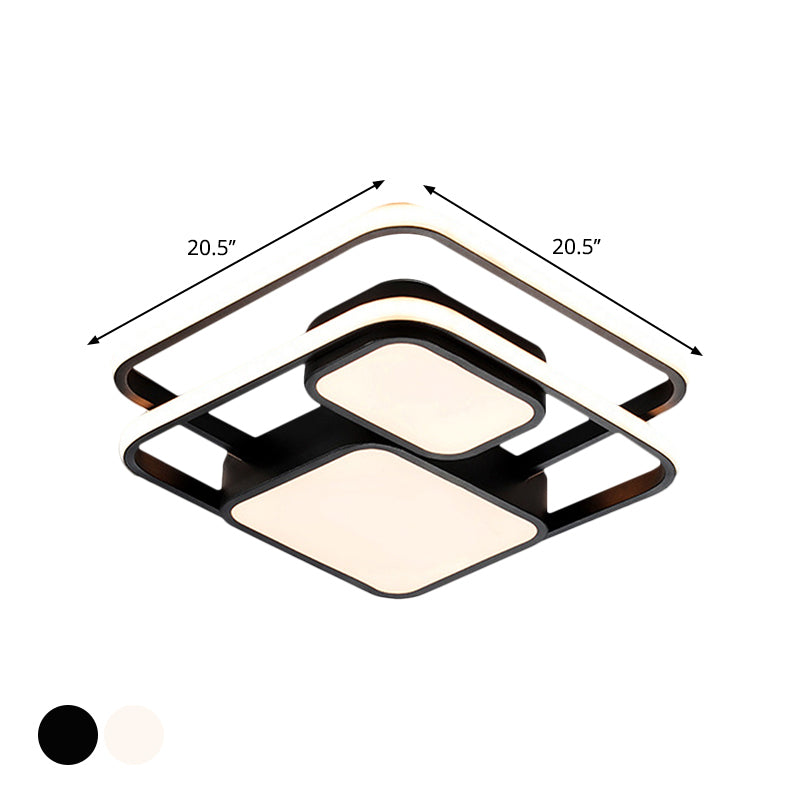 Contemporary Metallic Squared Flush Mount Lamp - White/Black LED Flush Light, 16.5"/20.5" Width, White/Warm Light