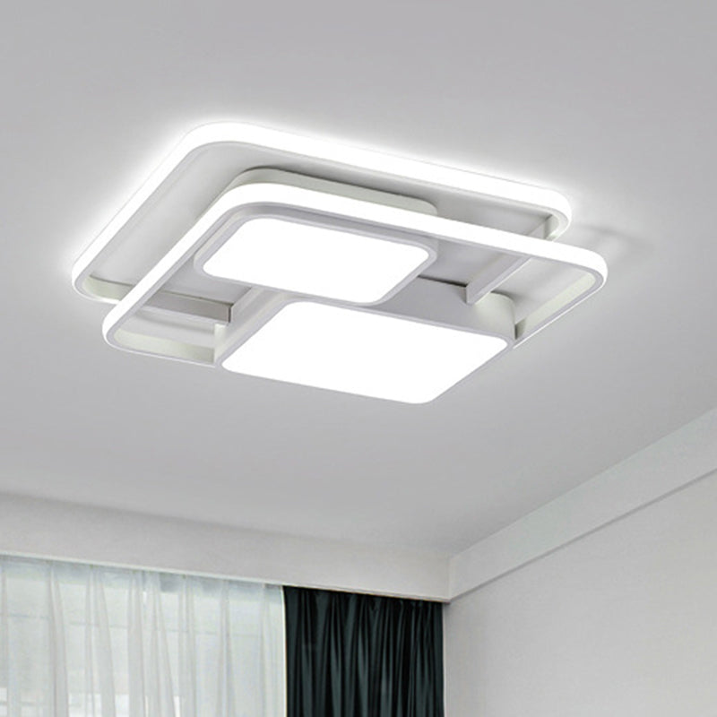 Contemporary Metallic Squared Flush Mount Lamp - White/Black LED Flush Light, 16.5"/20.5" Width, White/Warm Light