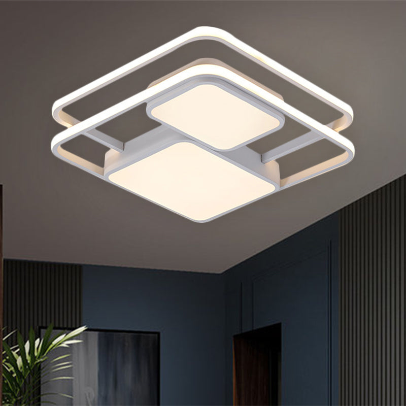 Contemporary Metallic Squared Flush Mount Lamp - White/Black LED Flush Light, 16.5"/20.5" Width, White/Warm Light