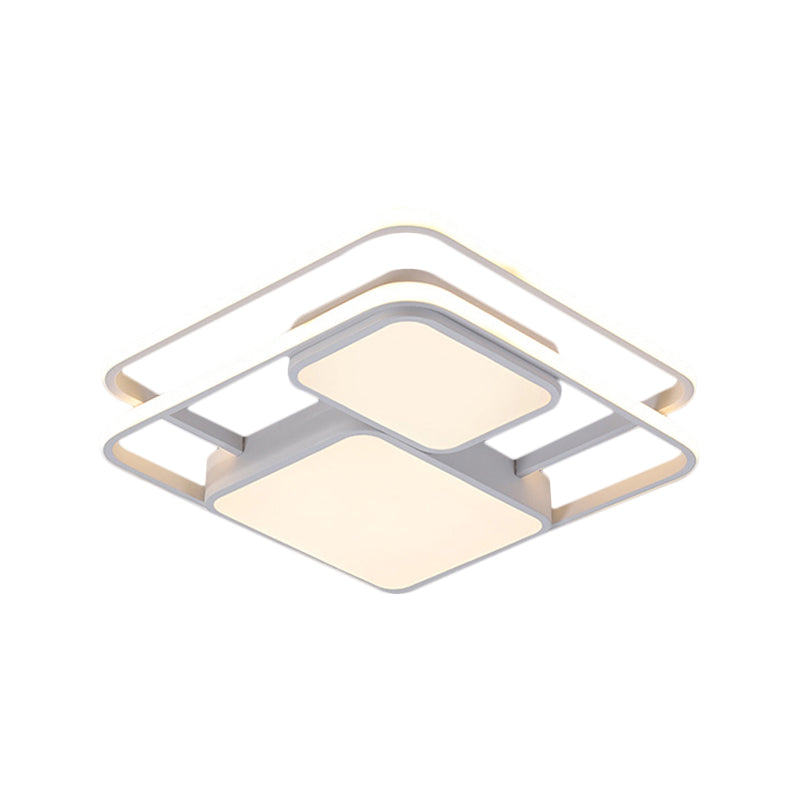Contemporary Metallic Squared Flush Mount Lamp - White/Black LED Flush Light, 16.5"/20.5" Width, White/Warm Light