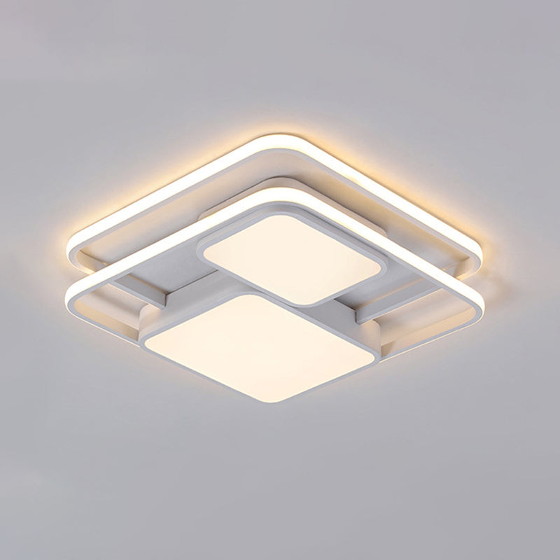Contemporary Metallic Squared Flush Mount Lamp - White/Black LED Flush Light, 16.5"/20.5" Width, White/Warm Light
