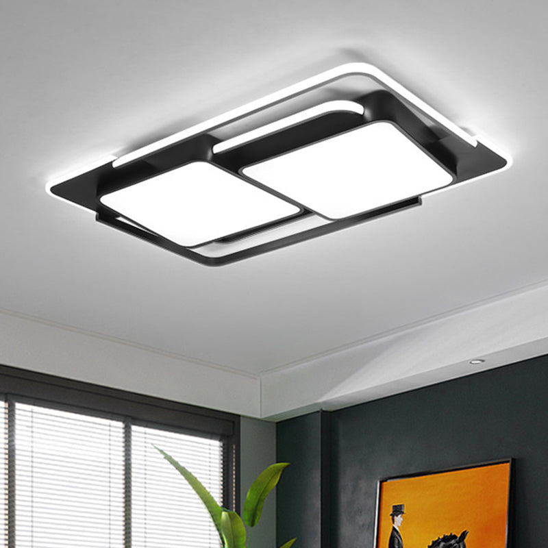 Plafonnier LED moderne en métal pour salon - Luminaire rectangulaire blanc/noir avec lumière chaude
