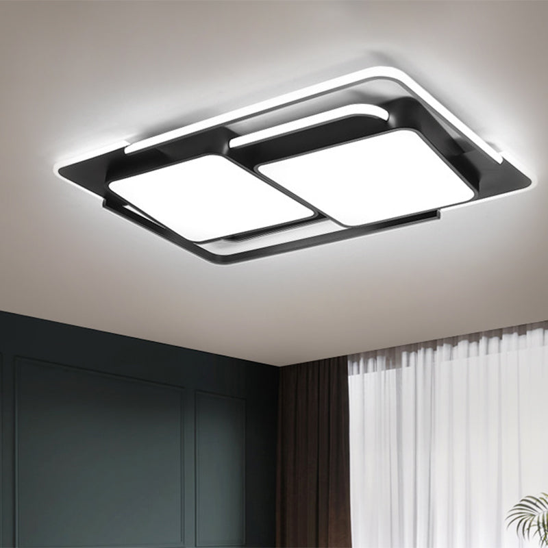 Plafonnier LED moderne en métal pour salon - Luminaire rectangulaire blanc/noir avec lumière chaude