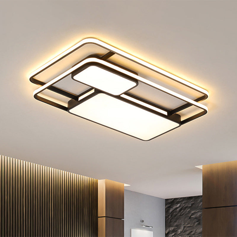 Rectangular LED Flush Ceiling Light in White/Black with Modernist Metallic Finish - White/Warm Lighting for Drawing Room