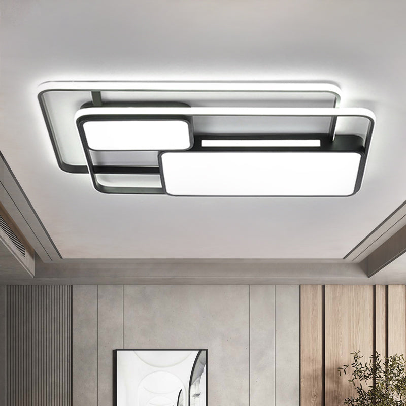 Rectangular LED Flush Ceiling Light in White/Black with Modernist Metallic Finish - White/Warm Lighting for Drawing Room