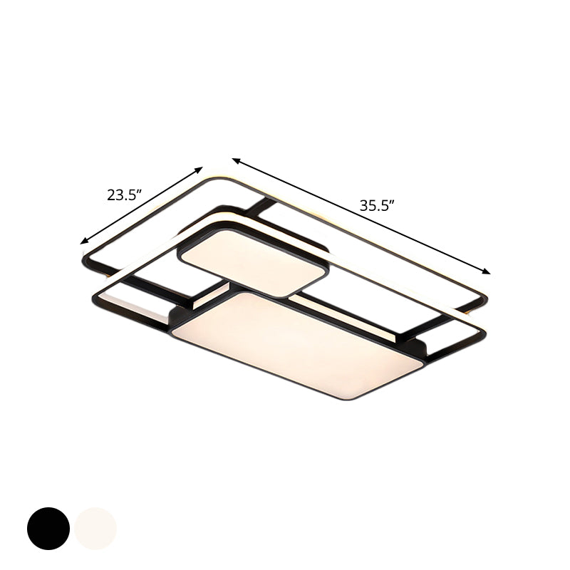 Rectangular LED Flush Ceiling Light in White/Black with Modernist Metallic Finish - White/Warm Lighting for Drawing Room