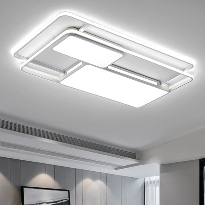Rectangular LED Flush Ceiling Light in White/Black with Modernist Metallic Finish - White/Warm Lighting for Drawing Room