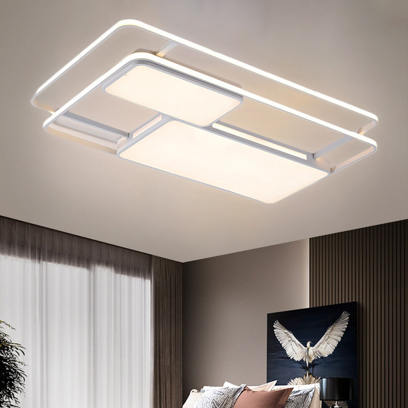 Rectangular LED Flush Ceiling Light in White/Black with Modernist Metallic Finish - White/Warm Lighting for Drawing Room