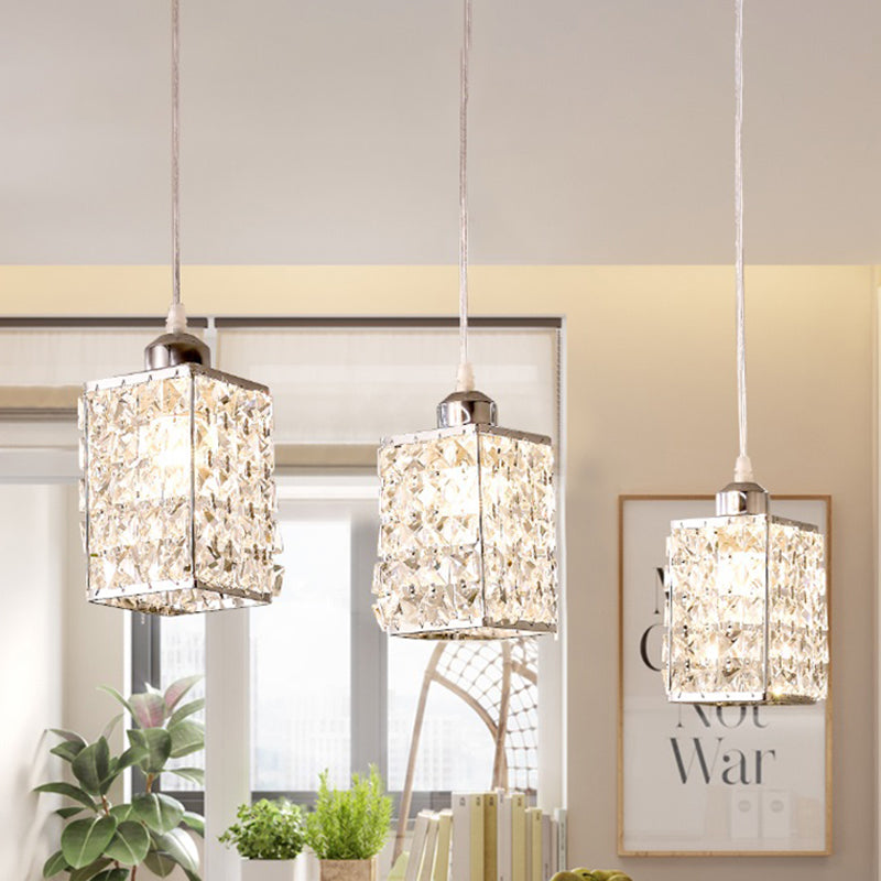 Modern Cuboid Crystal Kitchen Pendant with 3 Chrome Beveled Cut Heads