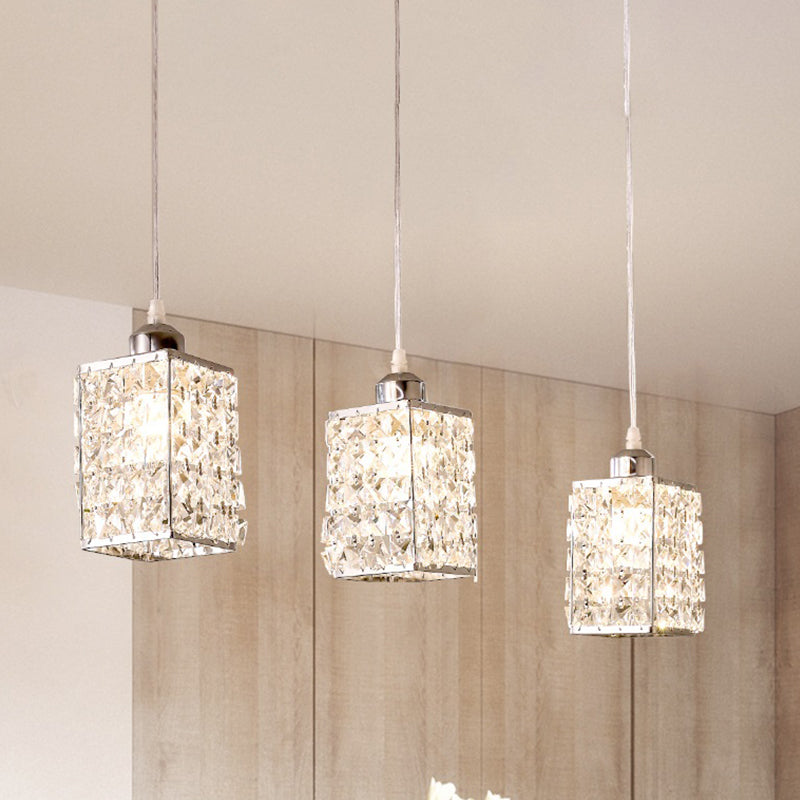 Modern Cuboid Crystal Kitchen Pendant with 3 Chrome Beveled Cut Heads