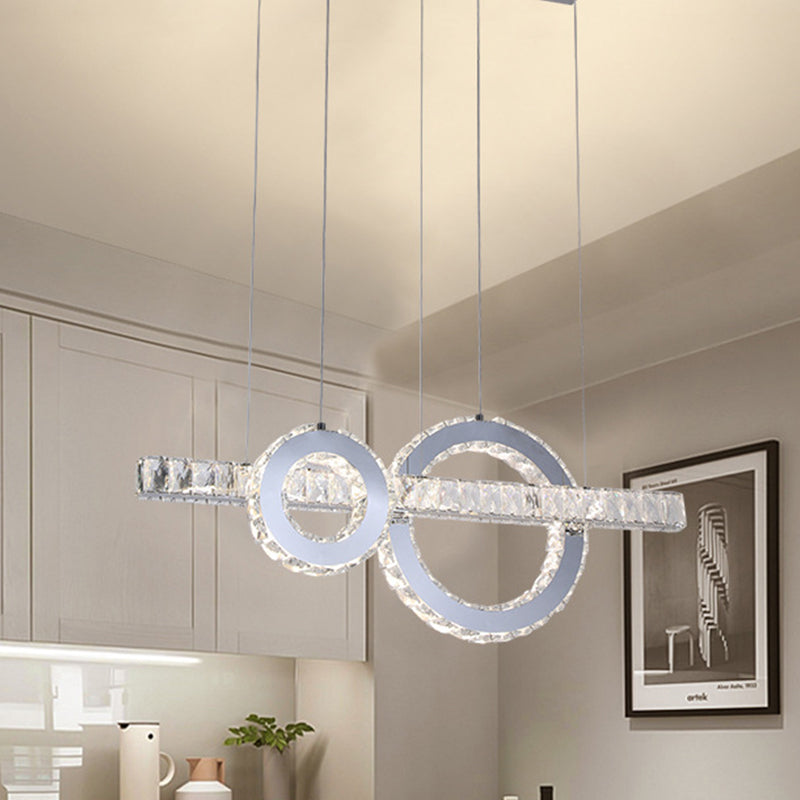 Minimal Linear LED Ceiling Pendant Lamp with Crystal Hoops Down Lighting in Stainless Steel