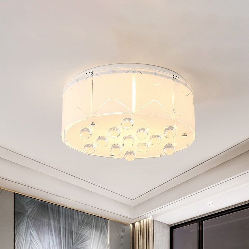 Modern White Frosted Glass Ceiling Light with Crystal Orb Drop - 6 Bulbs Drum Flush Mount