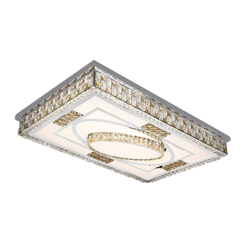 Modern Rectangular LED Ceiling Flush Light with Remote - Crystal Chrome Mounted Lamp
