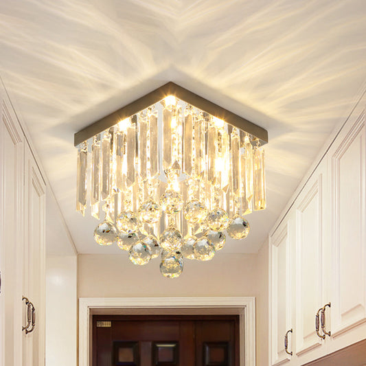Minimalistic Cube Foyer Ceiling LED Flush Mount Light with Clear Crystal Accents