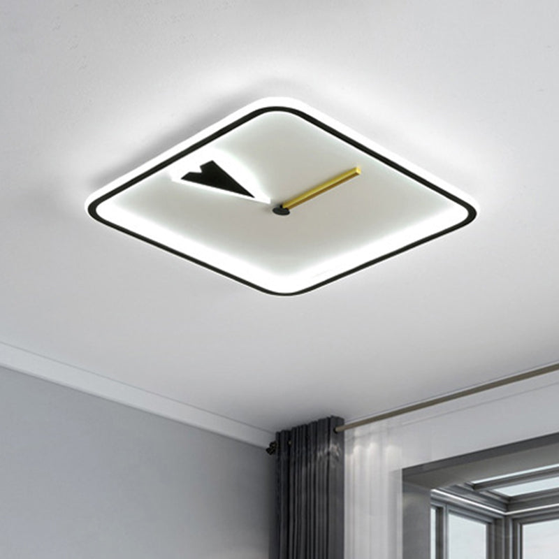 Modern Acrylic LED Bedroom Flushmount with Clock Design - Round/Square, Black/Gold