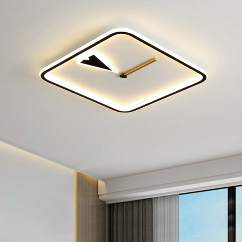Modern Acrylic LED Bedroom Flushmount with Clock Design - Round/Square, Black/Gold