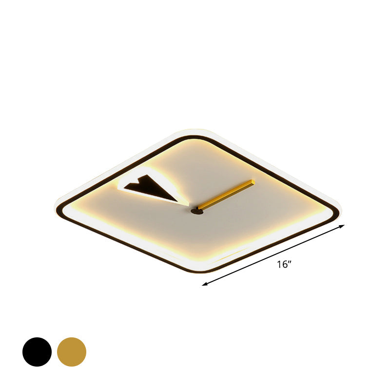 Modern Acrylic LED Bedroom Flushmount with Clock Design - Round/Square, Black/Gold