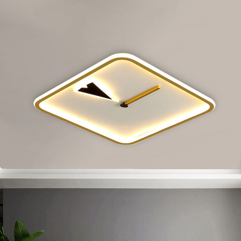 Modern Acrylic LED Bedroom Flushmount with Clock Design - Round/Square, Black/Gold