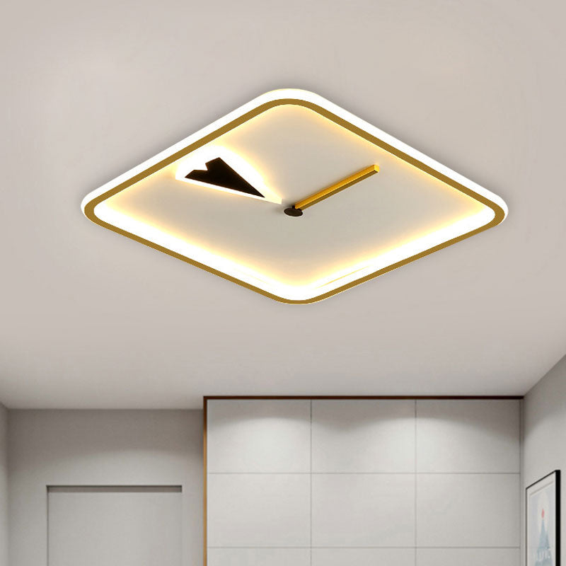 Modern Acrylic LED Bedroom Flushmount with Clock Design - Round/Square, Black/Gold